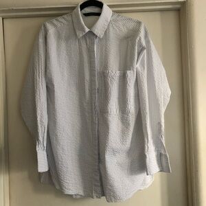 ❤️Zara Basic Seersucker White Striped Shirt Large Chest Pocket 100% Cotton M